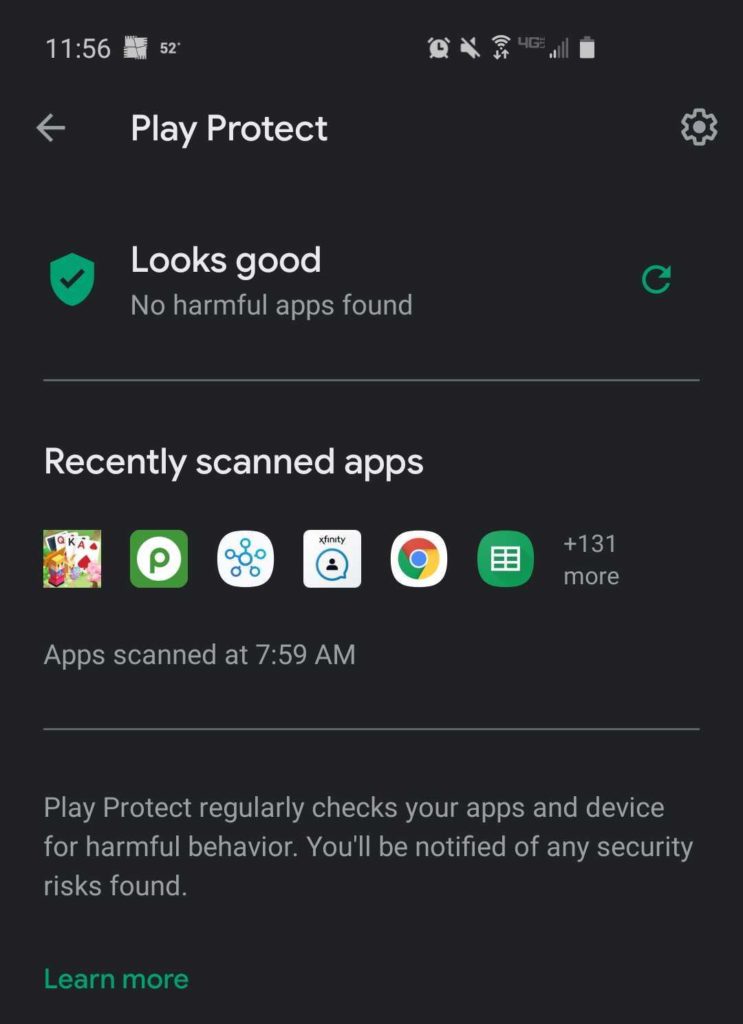 Una captura de pantalla muestra Google Play Protect escaneando aplicaciones de Android